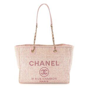 Chanel Straw Lurex Small Deauville Tote Pink Tweed Shoulder Bag Shopper